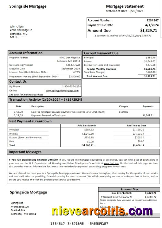 USA Maryland Springside mortgage statement